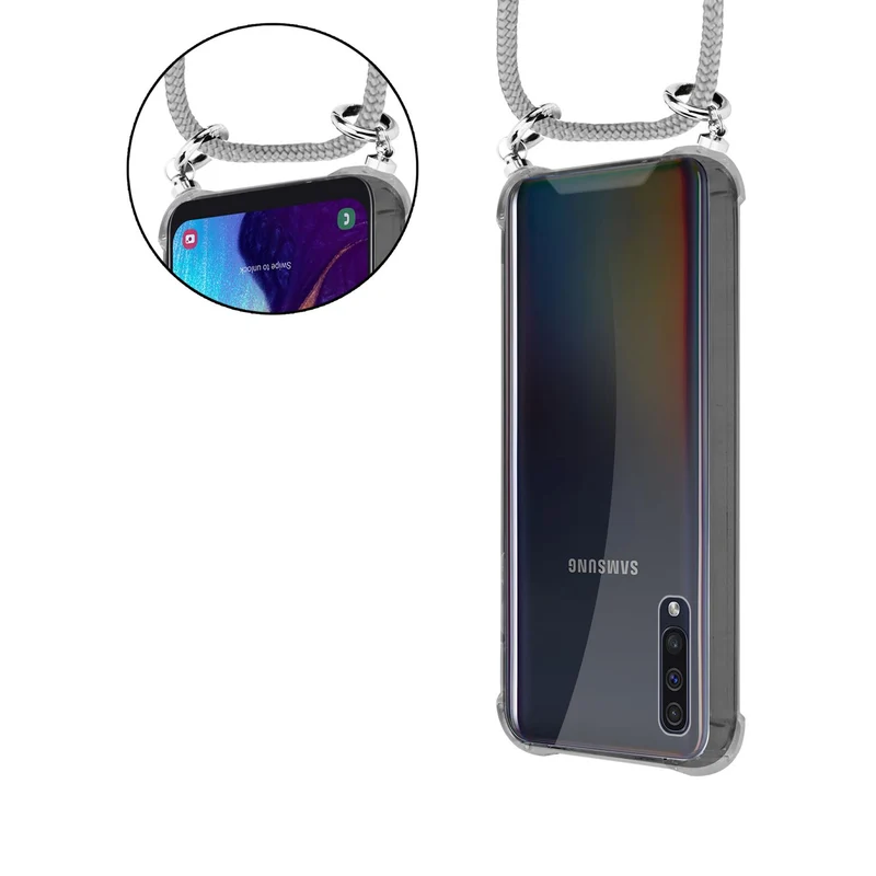 Cadorabo Handy Kette kompatibel mit Samsung Galaxy A50 4G / A50s / A30s Silikon Schutzhülle mit Silbernen Ringen, Kordel Band und abnehmbarem Etui
