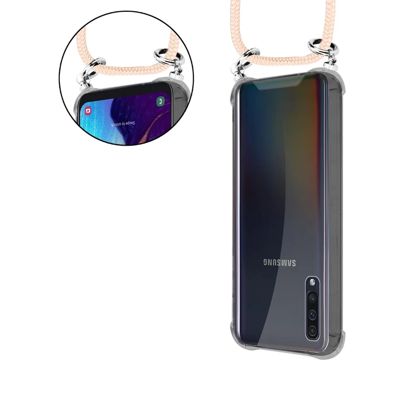 Cadorabo Handy Kette kompatibel mit Samsung Galaxy A50 4G / A50s / A30s Silikon Schutzhülle mit Silbernen Ringen, Kordel Band und abnehmbarem Etui