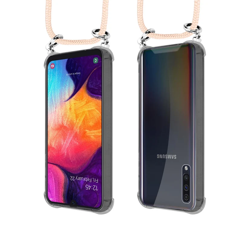 Cadorabo Handy Kette kompatibel mit Samsung Galaxy A50 4G / A50s / A30s Silikon Schutzhülle mit Silbernen Ringen, Kordel Band und abnehmbarem Etui