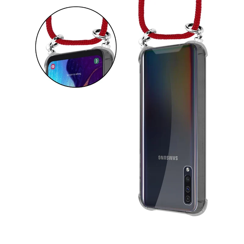 Cadorabo Handy Kette kompatibel mit Samsung Galaxy A50 4G / A50s / A30s Silikon Schutzhülle mit Silbernen Ringen, Kordel Band und abnehmbarem Etui
