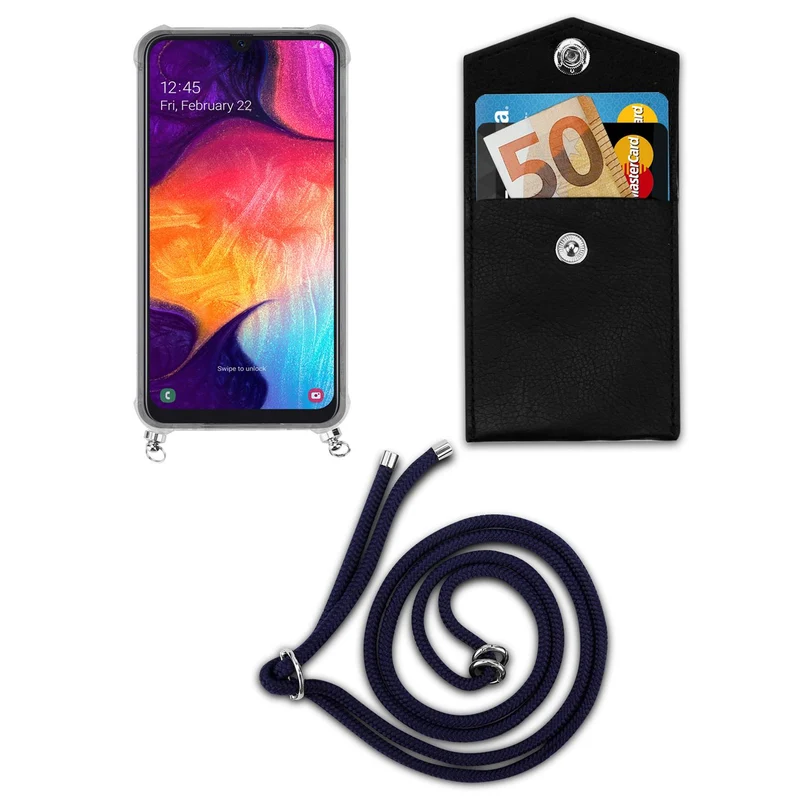 Cadorabo Handy Kette kompatibel mit Samsung Galaxy A50 4G / A50s / A30s Silikon Schutzhülle mit Silbernen Ringen, Kordel Band und abnehmbarem Etui
