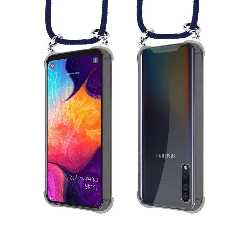 Cadorabo Handy Kette kompatibel mit Samsung Galaxy A50 4G / A50s / A30s Silikon Schutzhülle mit Silbernen Ringen, Kordel Band und abnehmbarem Etui