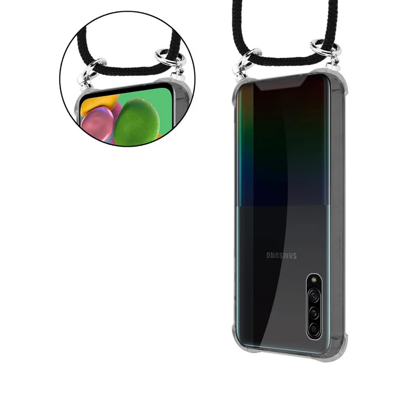 Cadorabo Handy Kette kompatibel mit Samsung Galaxy A90 5G Silikon Schutzhülle mit Silbernen Ringen, Kordel Band und abnehmbarem Etui