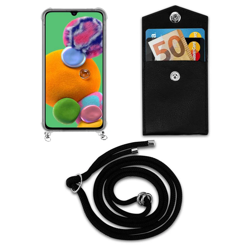 Cadorabo Handy Kette kompatibel mit Samsung Galaxy A90 5G Silikon Schutzhülle mit Silbernen Ringen, Kordel Band und abnehmbarem Etui