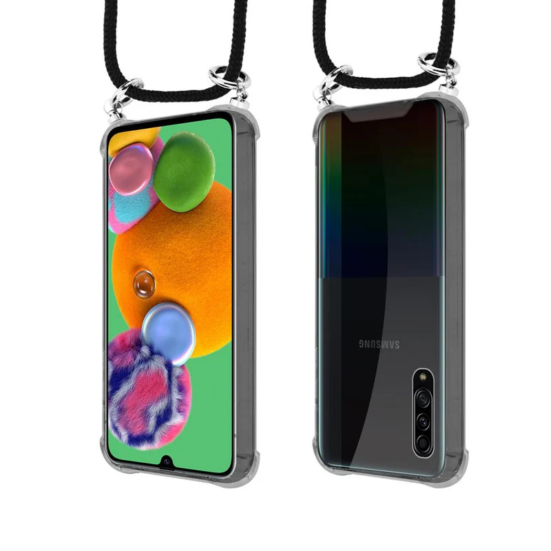 Cadorabo Handy Kette kompatibel mit Samsung Galaxy A90 5G Silikon Schutzhülle mit Silbernen Ringen, Kordel Band und abnehmbarem Etui