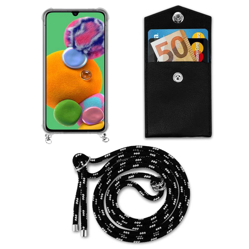 Cadorabo Handy Kette kompatibel mit Samsung Galaxy A90 5G Silikon Schutzhülle mit Silbernen Ringen, Kordel Band und abnehmbarem Etui