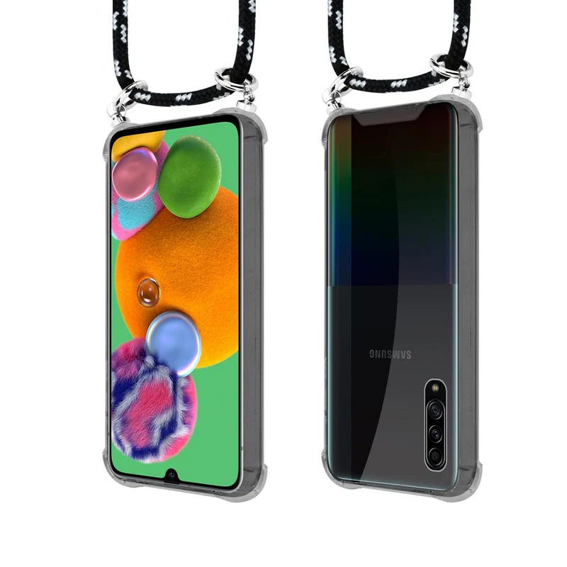 Cadorabo Handy Kette kompatibel mit Samsung Galaxy A90 5G Silikon Schutzhülle mit Silbernen Ringen, Kordel Band und abnehmbarem Etui
