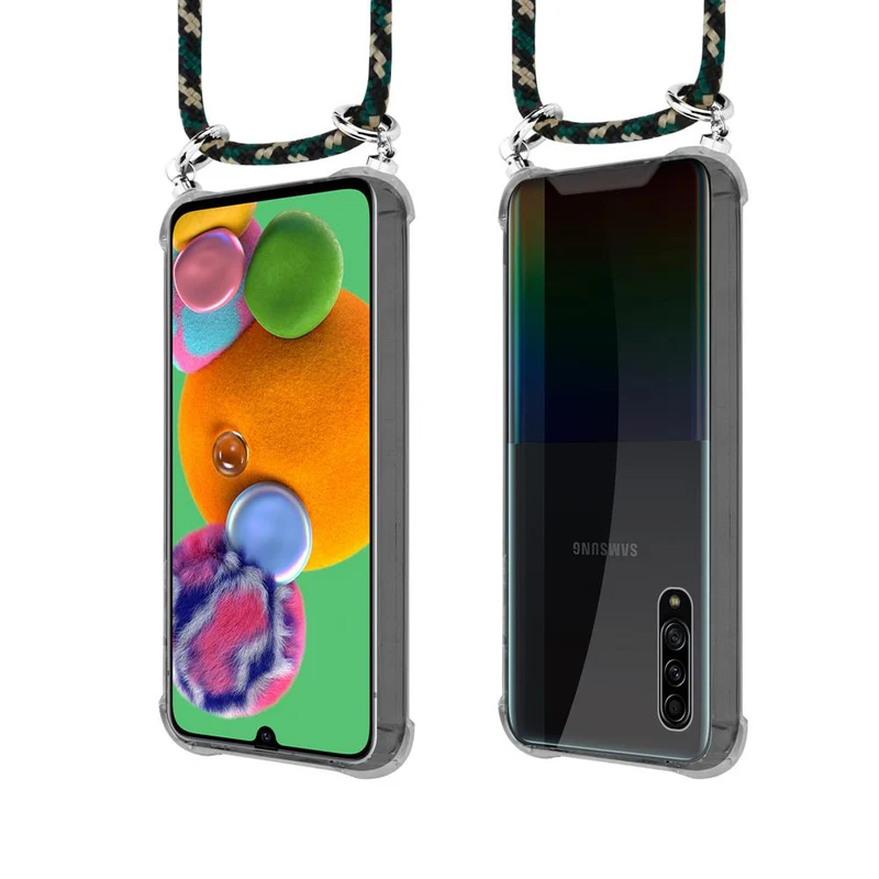Cadorabo Handy Kette kompatibel mit Samsung Galaxy A90 5G Silikon Schutzhülle mit Silbernen Ringen, Kordel Band und abnehmbarem Etui