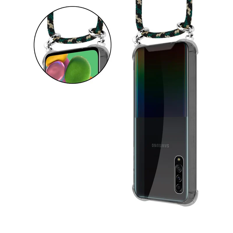 Cadorabo Handy Kette kompatibel mit Samsung Galaxy A90 5G Silikon Schutzhülle mit Silbernen Ringen, Kordel Band und abnehmbarem Etui