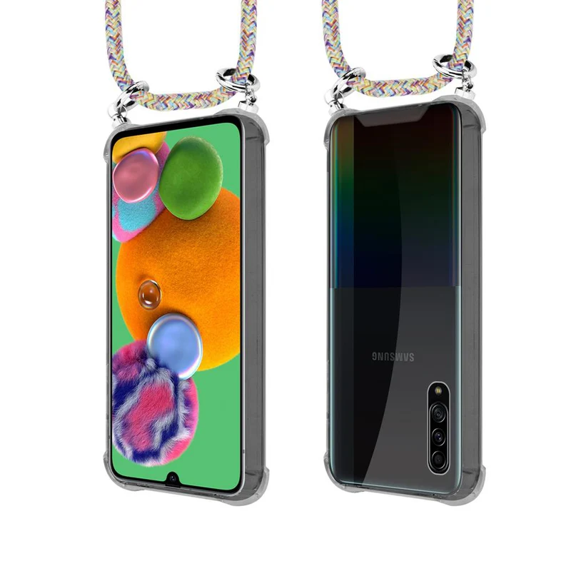 Cadorabo Handy Kette kompatibel mit Samsung Galaxy A90 5G Silikon Schutzhülle mit Silbernen Ringen, Kordel Band und abnehmbarem Etui