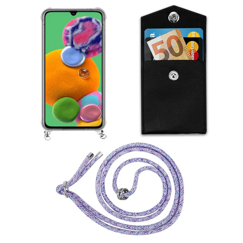 Cadorabo Handy Kette kompatibel mit Samsung Galaxy A90 5G Silikon Schutzhülle mit Silbernen Ringen, Kordel Band und abnehmbarem Etui