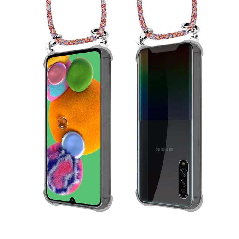 Cadorabo Handy Kette kompatibel mit Samsung Galaxy A90 5G Silikon Schutzhülle mit Silbernen Ringen, Kordel Band und abnehmbarem Etui
