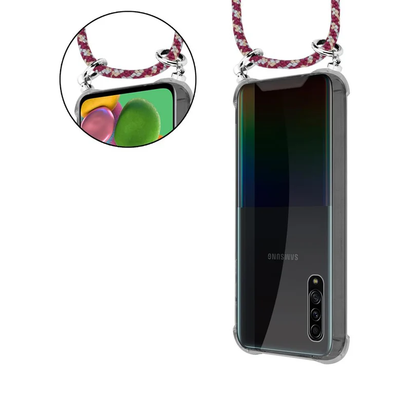 Cadorabo Handy Kette kompatibel mit Samsung Galaxy A90 5G Silikon Schutzhülle mit Silbernen Ringen, Kordel Band und abnehmbarem Etui