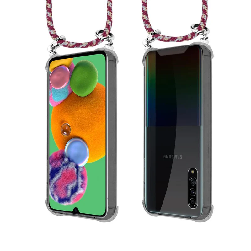 Cadorabo Handy Kette kompatibel mit Samsung Galaxy A90 5G Silikon Schutzhülle mit Silbernen Ringen, Kordel Band und abnehmbarem Etui