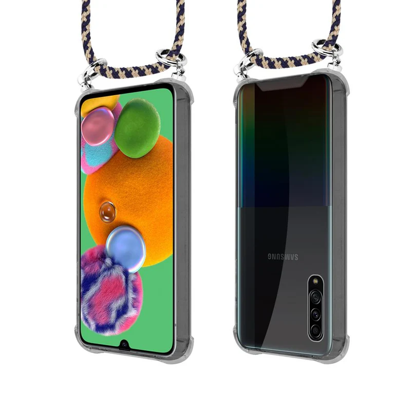 Cadorabo Handy Kette kompatibel mit Samsung Galaxy A90 5G Silikon Schutzhülle mit Silbernen Ringen, Kordel Band und abnehmbarem Etui