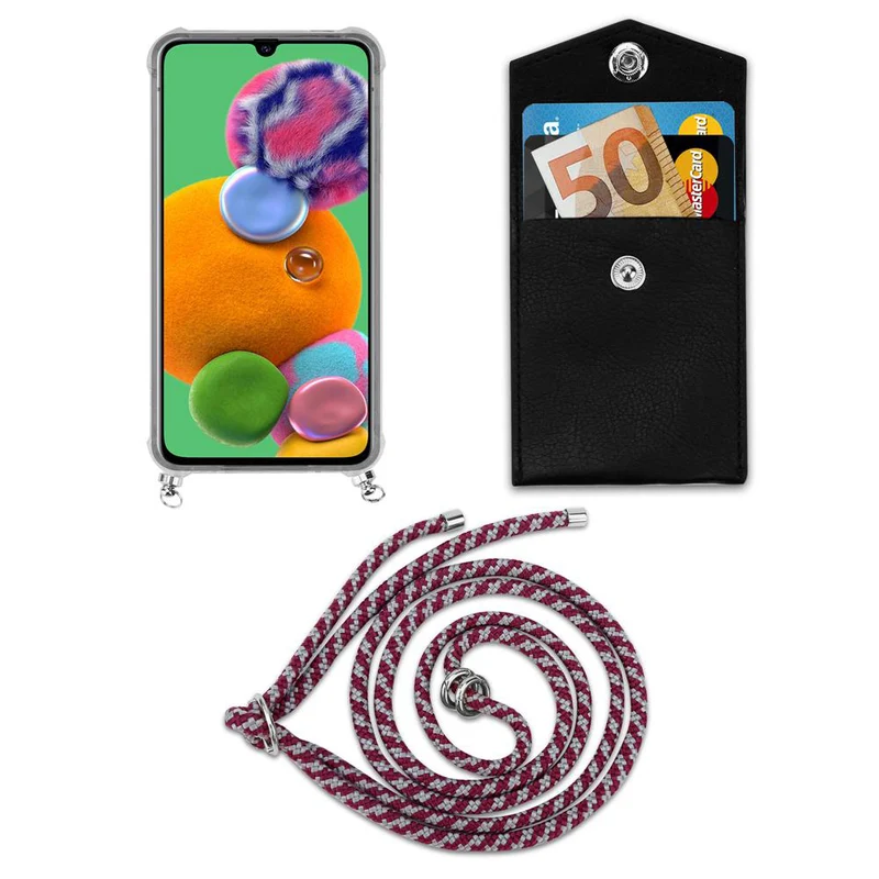Cadorabo Handy Kette kompatibel mit Samsung Galaxy A90 5G Silikon Schutzhülle mit Silbernen Ringen, Kordel Band und abnehmbarem Etui
