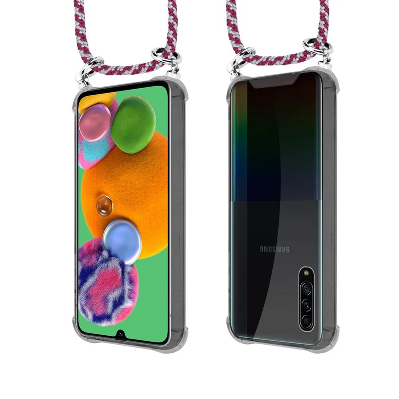 Cadorabo Handy Kette kompatibel mit Samsung Galaxy A90 5G Silikon Schutzhülle mit Silbernen Ringen, Kordel Band und abnehmbarem Etui
