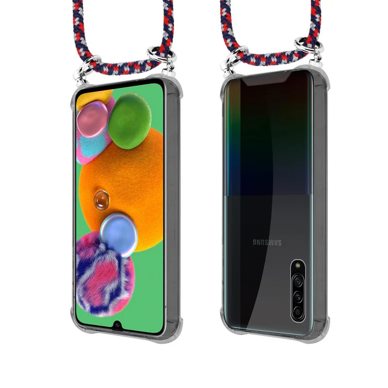 Cadorabo Handy Kette kompatibel mit Samsung Galaxy A90 5G Silikon Schutzhülle mit Silbernen Ringen, Kordel Band und abnehmbarem Etui