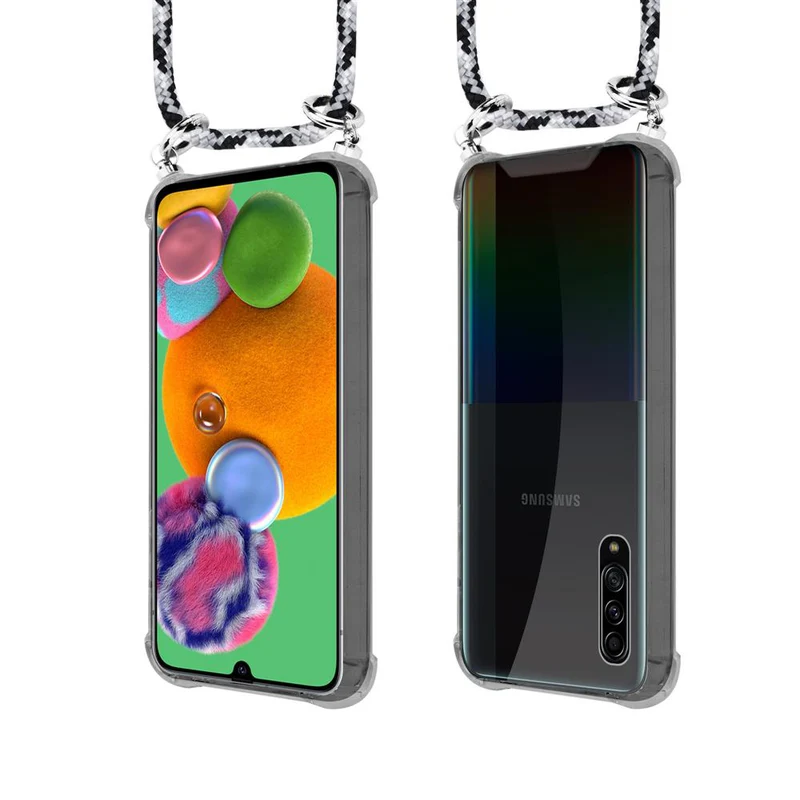 Cadorabo Handy Kette kompatibel mit Samsung Galaxy A90 5G Silikon Schutzhülle mit Silbernen Ringen, Kordel Band und abnehmbarem Etui