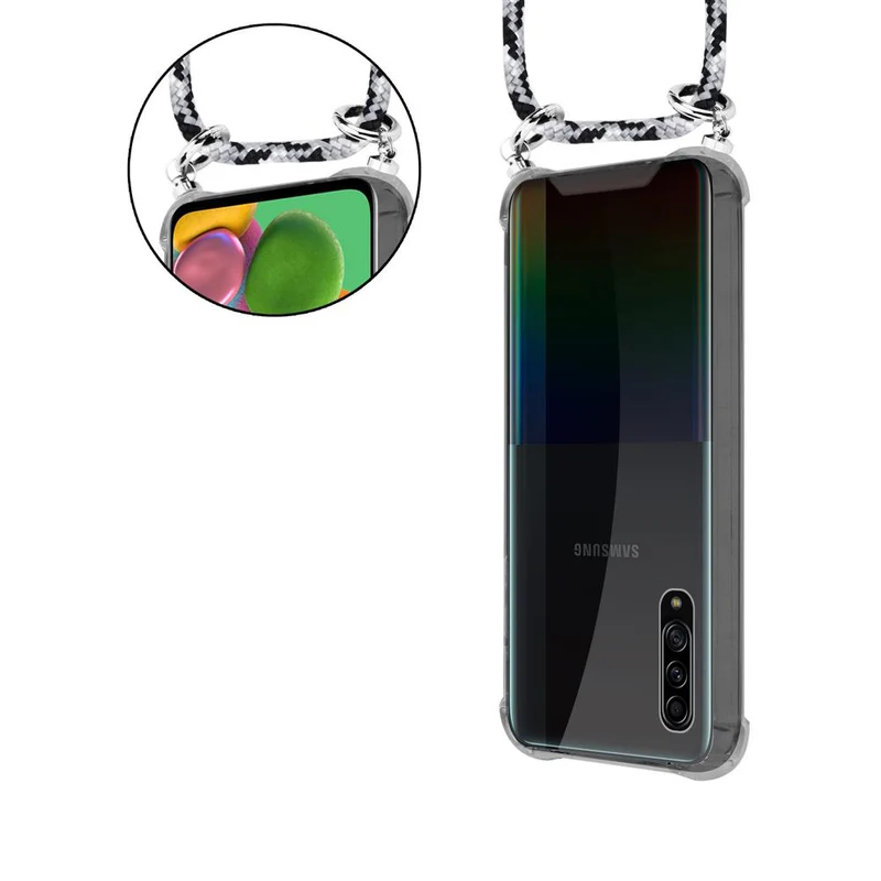 Cadorabo Handy Kette kompatibel mit Samsung Galaxy A90 5G Silikon Schutzhülle mit Silbernen Ringen, Kordel Band und abnehmbarem Etui