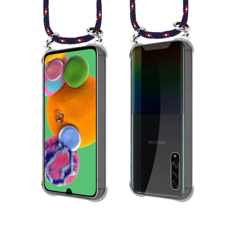 Cadorabo Handy Kette kompatibel mit Samsung Galaxy A90 5G Silikon Schutzhülle mit Silbernen Ringen, Kordel Band und abnehmbarem Etui