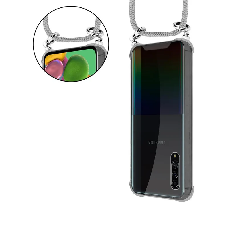 Cadorabo Handy Kette kompatibel mit Samsung Galaxy A90 5G Silikon Schutzhülle mit Silbernen Ringen, Kordel Band und abnehmbarem Etui