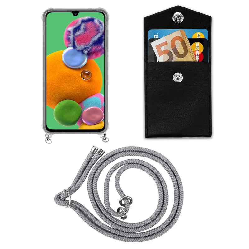 Cadorabo Handy Kette kompatibel mit Samsung Galaxy A90 5G Silikon Schutzhülle mit Silbernen Ringen, Kordel Band und abnehmbarem Etui