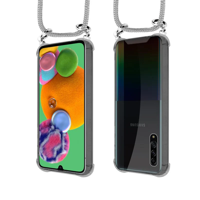 Cadorabo Handy Kette kompatibel mit Samsung Galaxy A90 5G Silikon Schutzhülle mit Silbernen Ringen, Kordel Band und abnehmbarem Etui