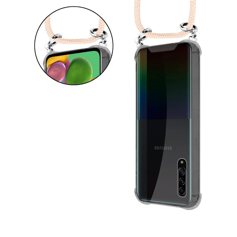 Cadorabo Handy Kette kompatibel mit Samsung Galaxy A90 5G Silikon Schutzhülle mit Silbernen Ringen, Kordel Band und abnehmbarem Etui
