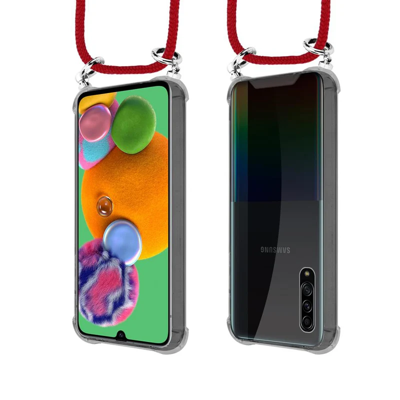 Cadorabo Handy Kette kompatibel mit Samsung Galaxy A90 5G Silikon Schutzhülle mit Silbernen Ringen, Kordel Band und abnehmbarem Etui