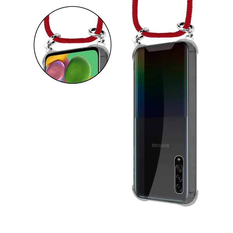 Cadorabo Handy Kette kompatibel mit Samsung Galaxy A90 5G Silikon Schutzhülle mit Silbernen Ringen, Kordel Band und abnehmbarem Etui