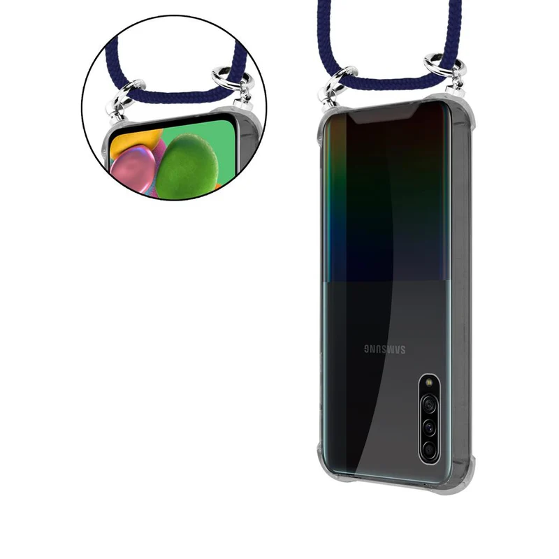 Cadorabo Handy Kette kompatibel mit Samsung Galaxy A90 5G Silikon Schutzhülle mit Silbernen Ringen, Kordel Band und abnehmbarem Etui