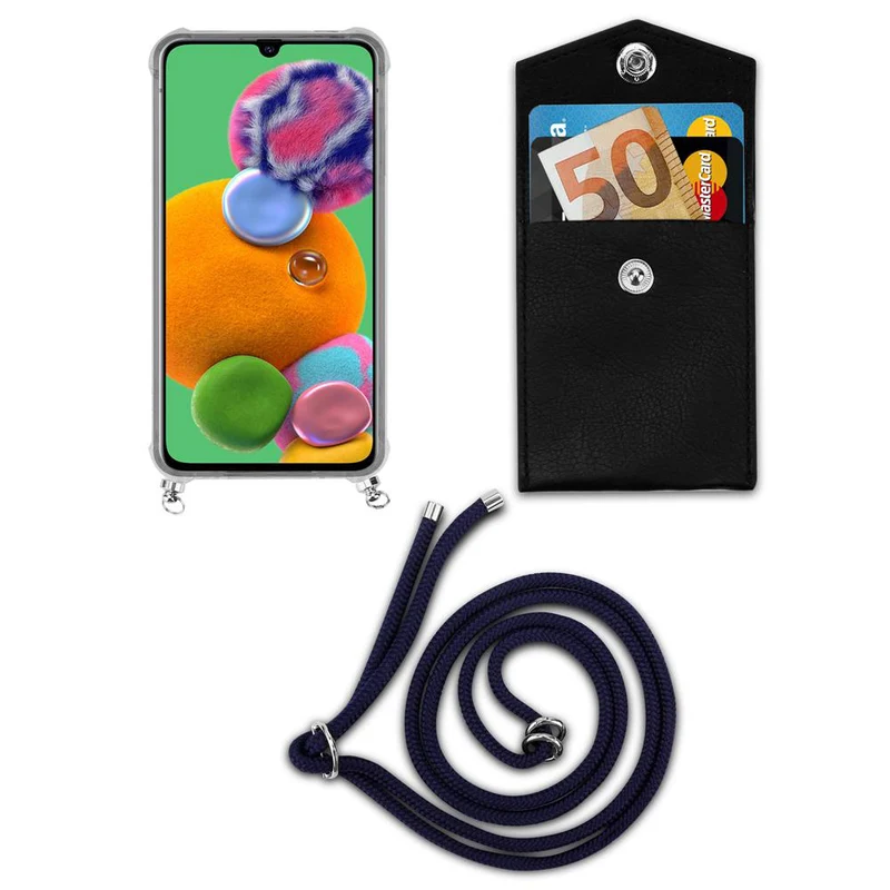 Cadorabo Handy Kette kompatibel mit Samsung Galaxy A90 5G Silikon Schutzhülle mit Silbernen Ringen, Kordel Band und abnehmbarem Etui