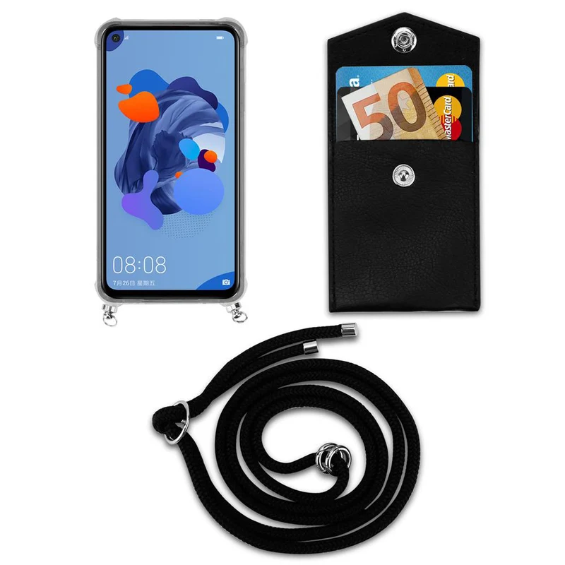 Cadorabo Handy Kette kompatibel mit Huawei MATE 30 LITE Silikon Schutzhülle mit Silbernen Ringen, Kordel Band und abnehmbarem Etui