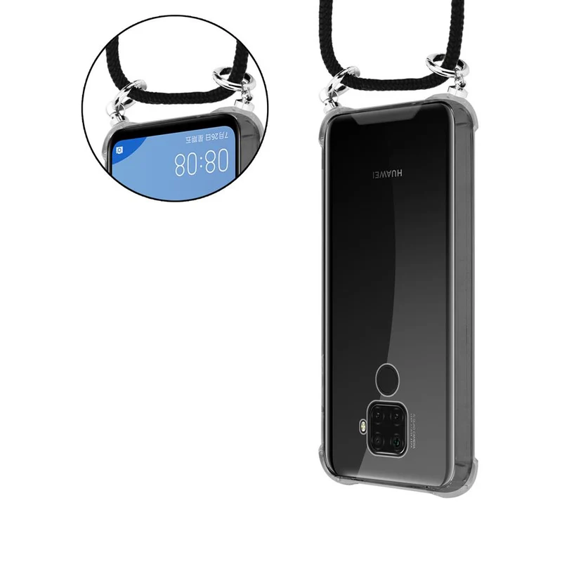 Cadorabo Handy Kette kompatibel mit Huawei MATE 30 LITE Silikon Schutzhülle mit Silbernen Ringen, Kordel Band und abnehmbarem Etui