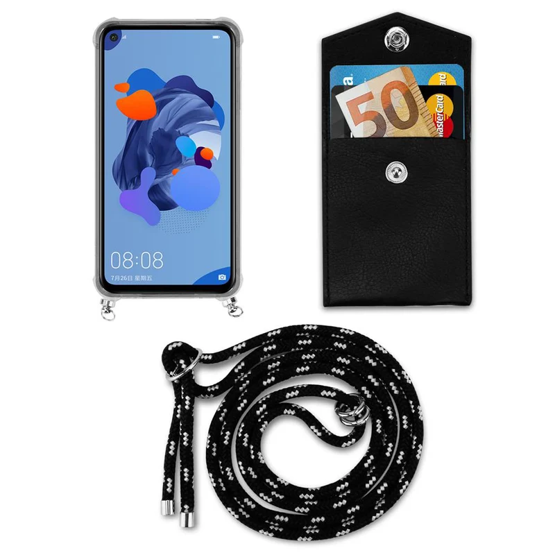 Cadorabo Handy Kette kompatibel mit Huawei MATE 30 LITE Silikon Schutzhülle mit Silbernen Ringen, Kordel Band und abnehmbarem Etui