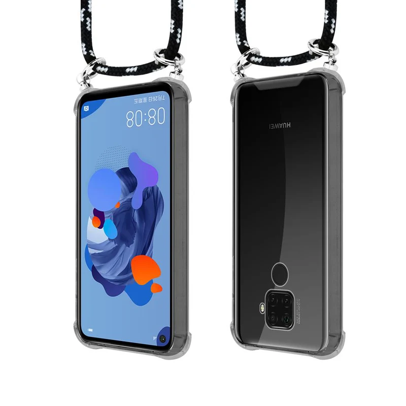 Cadorabo Handy Kette kompatibel mit Huawei MATE 30 LITE Silikon Schutzhülle mit Silbernen Ringen, Kordel Band und abnehmbarem Etui