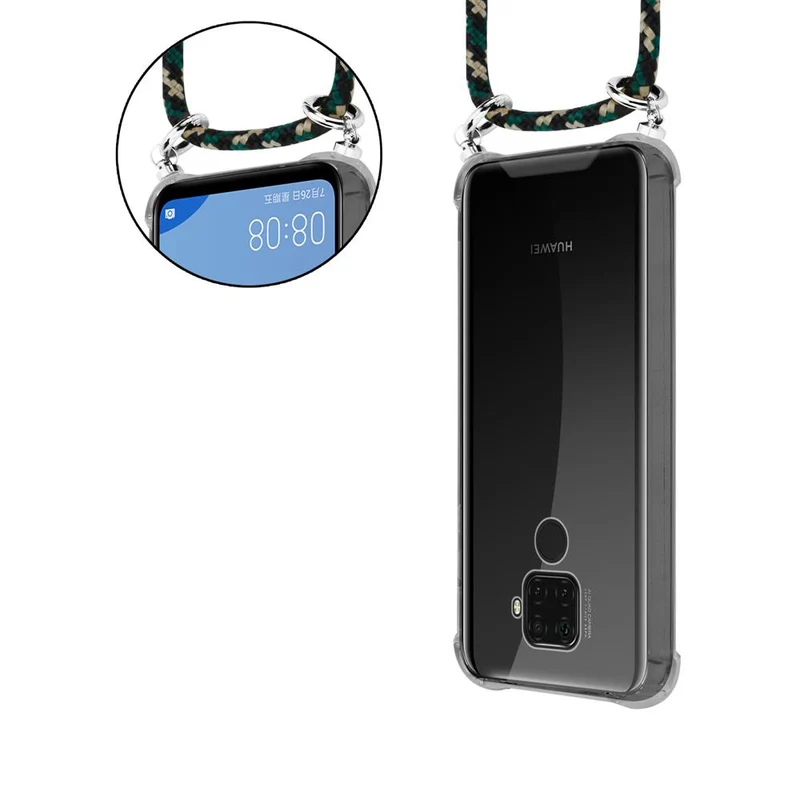 Cadorabo Handy Kette kompatibel mit Huawei MATE 30 LITE Silikon Schutzhülle mit Silbernen Ringen, Kordel Band und abnehmbarem Etui