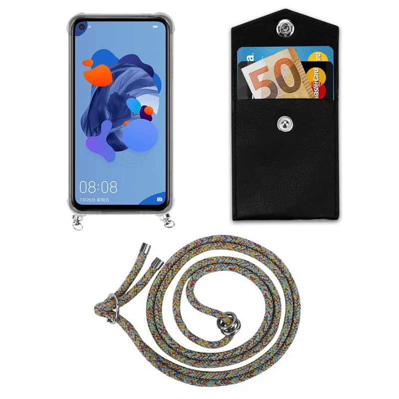 Cadorabo Handy Kette kompatibel mit Huawei MATE 30 LITE Silikon Schutzhülle mit Silbernen Ringen, Kordel Band und abnehmbarem Etui