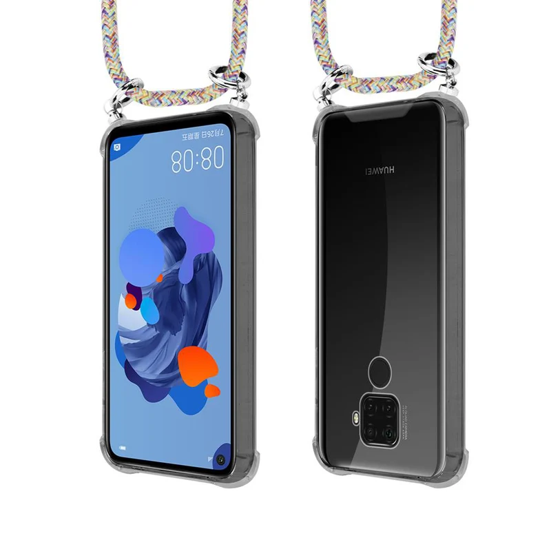 Cadorabo Handy Kette kompatibel mit Huawei MATE 30 LITE Silikon Schutzhülle mit Silbernen Ringen, Kordel Band und abnehmbarem Etui