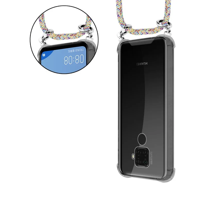 Cadorabo Handy Kette kompatibel mit Huawei MATE 30 LITE Silikon Schutzhülle mit Silbernen Ringen, Kordel Band und abnehmbarem Etui