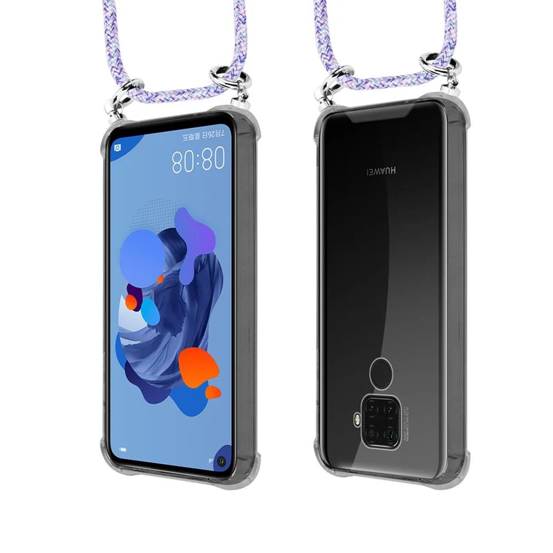 Cadorabo Handy Kette kompatibel mit Huawei MATE 30 LITE Silikon Schutzhülle mit Silbernen Ringen, Kordel Band und abnehmbarem Etui