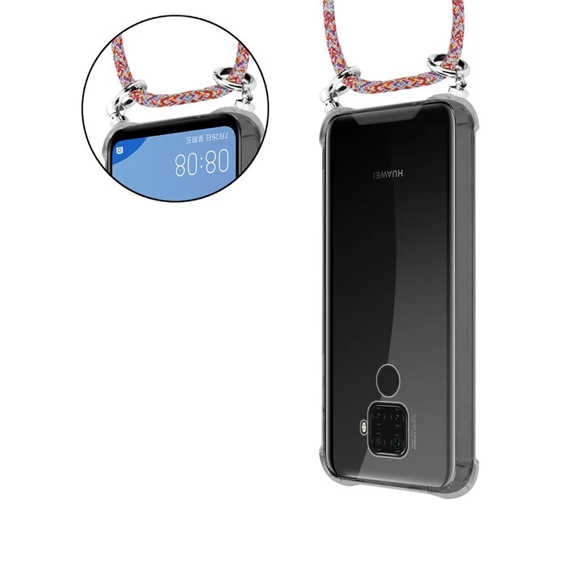 Cadorabo Handy Kette kompatibel mit Huawei MATE 30 LITE Silikon Schutzhülle mit Silbernen Ringen, Kordel Band und abnehmbarem Etui