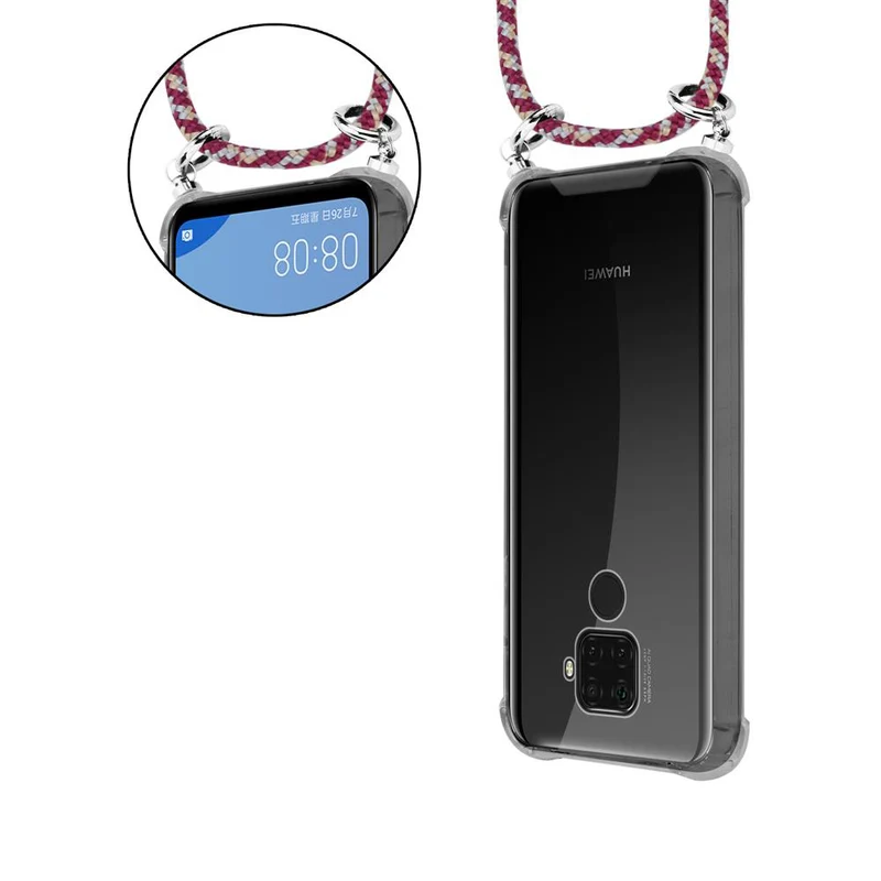 Cadorabo Handy Kette kompatibel mit Huawei MATE 30 LITE Silikon Schutzhülle mit Silbernen Ringen, Kordel Band und abnehmbarem Etui