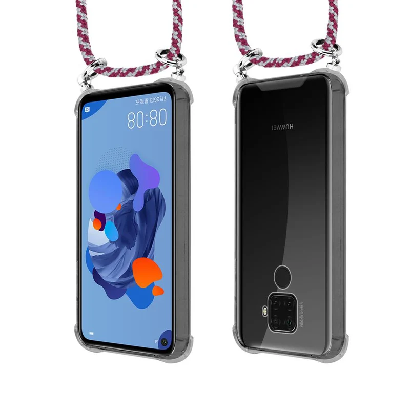 Cadorabo Handy Kette kompatibel mit Huawei MATE 30 LITE Silikon Schutzhülle mit Silbernen Ringen, Kordel Band und abnehmbarem Etui