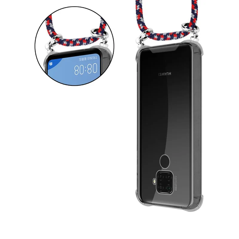 Cadorabo Handy Kette kompatibel mit Huawei MATE 30 LITE Silikon Schutzhülle mit Silbernen Ringen, Kordel Band und abnehmbarem Etui