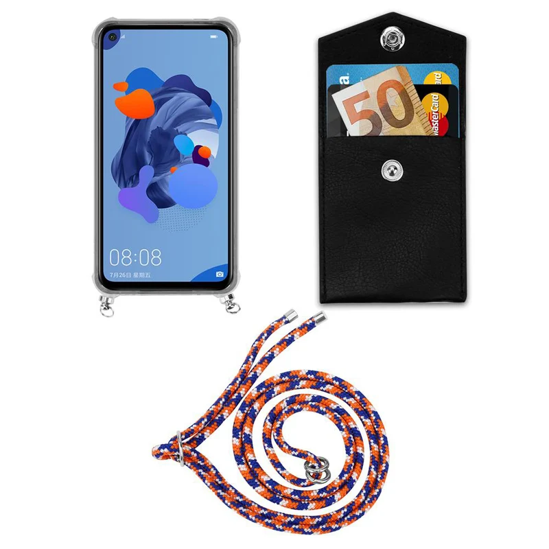 Cadorabo Handy Kette kompatibel mit Huawei MATE 30 LITE Silikon Schutzhülle mit Silbernen Ringen, Kordel Band und abnehmbarem Etui