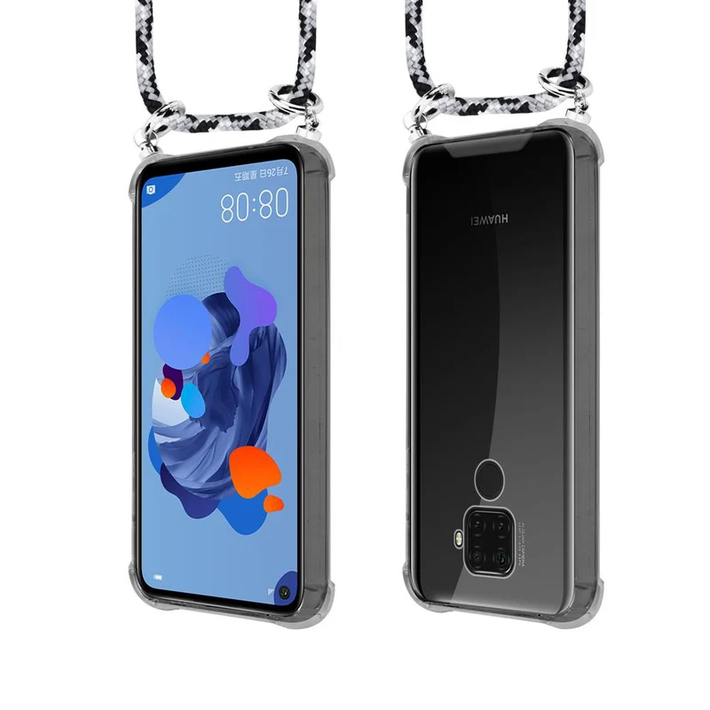 Cadorabo Handy Kette kompatibel mit Huawei MATE 30 LITE Silikon Schutzhülle mit Silbernen Ringen, Kordel Band und abnehmbarem Etui