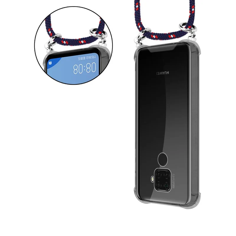 Cadorabo Handy Kette kompatibel mit Huawei MATE 30 LITE Silikon Schutzhülle mit Silbernen Ringen, Kordel Band und abnehmbarem Etui