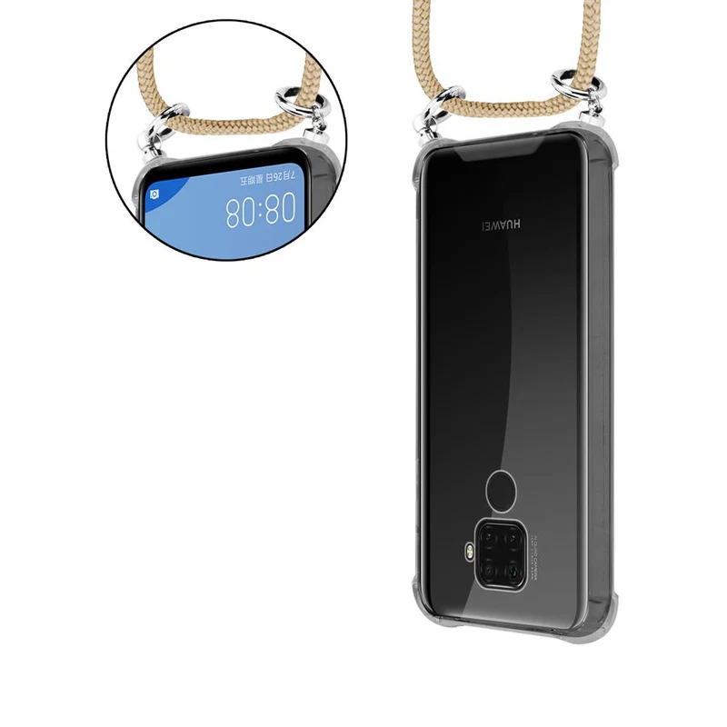 Cadorabo Handy Kette kompatibel mit Huawei MATE 30 LITE Silikon Schutzhülle mit Silbernen Ringen, Kordel Band und abnehmbarem Etui
